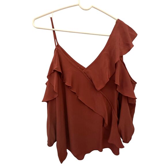 Bailey / 44 Rust Colored Cold Shoulder Ruffled 100% Silk Tank Top Size S - Picture 2 of 7